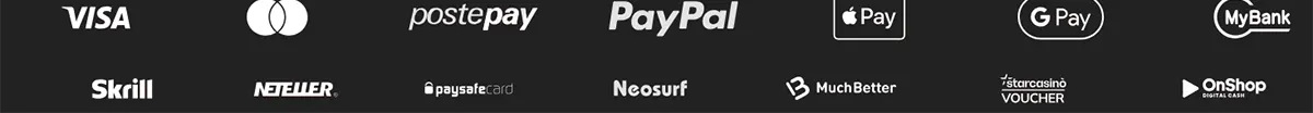 Payment methods banner showing supported deposit options including Visa, Mastercard, PostePay, PayPal, Apple Pay, Google Pay, MyBank, Skrill, Neteller, Paysafecard, Neosurf, MuchBetter, StarCasino Voucher, and OnShop, indicating a wide variety of secure payment solutions available on the platform.